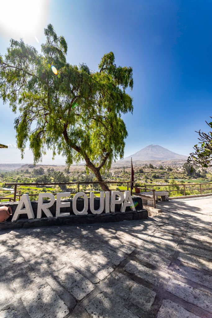 Beautiful landscape of Arequipa city with Misti Volcano under a clear blue sky.