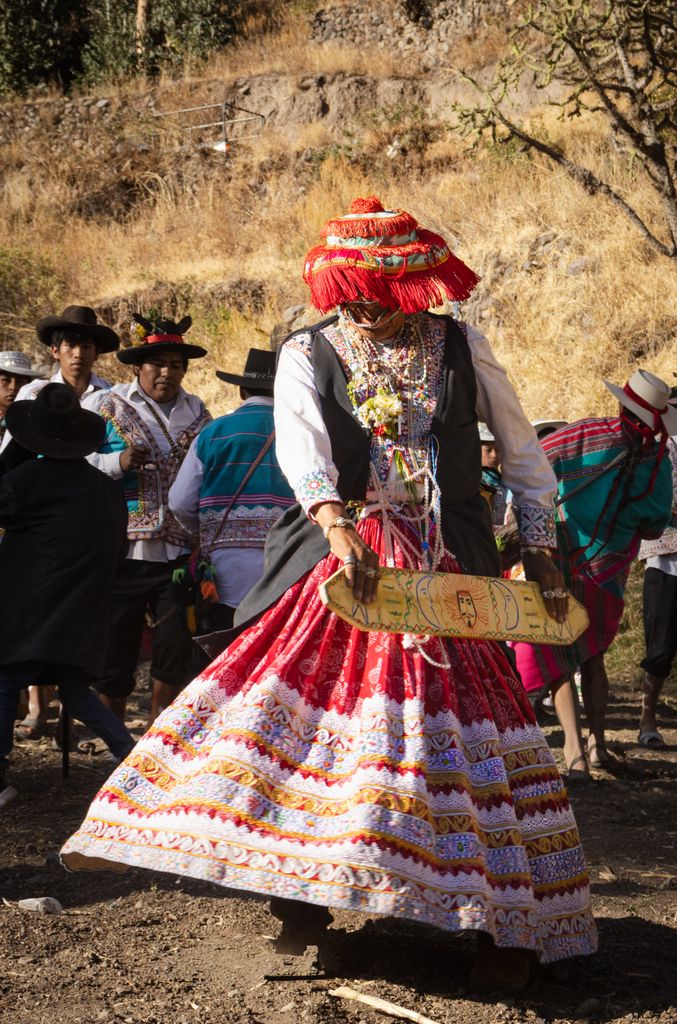 Colorful traditional Andean dance captured during cultural festival in Peru.